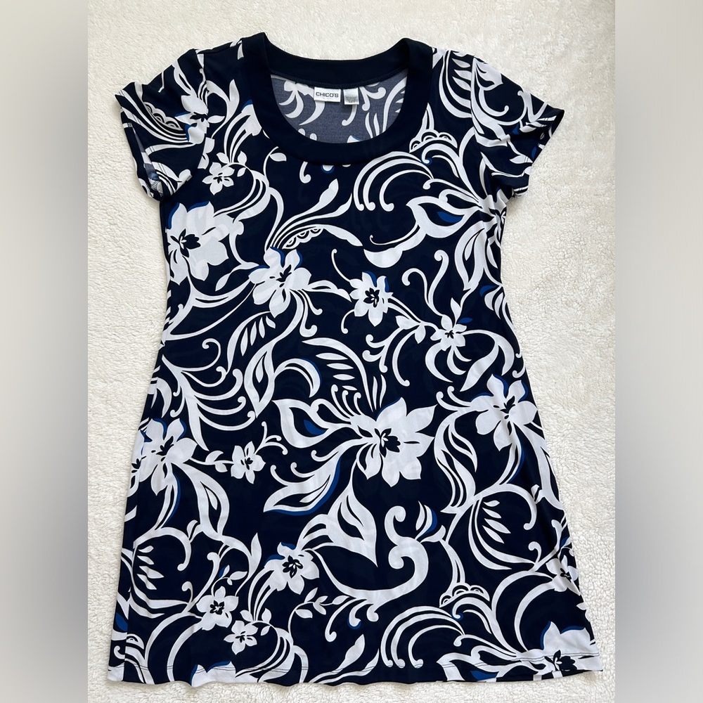 Chico's Pullover Tropical Print Dress XL Size 3 Navy